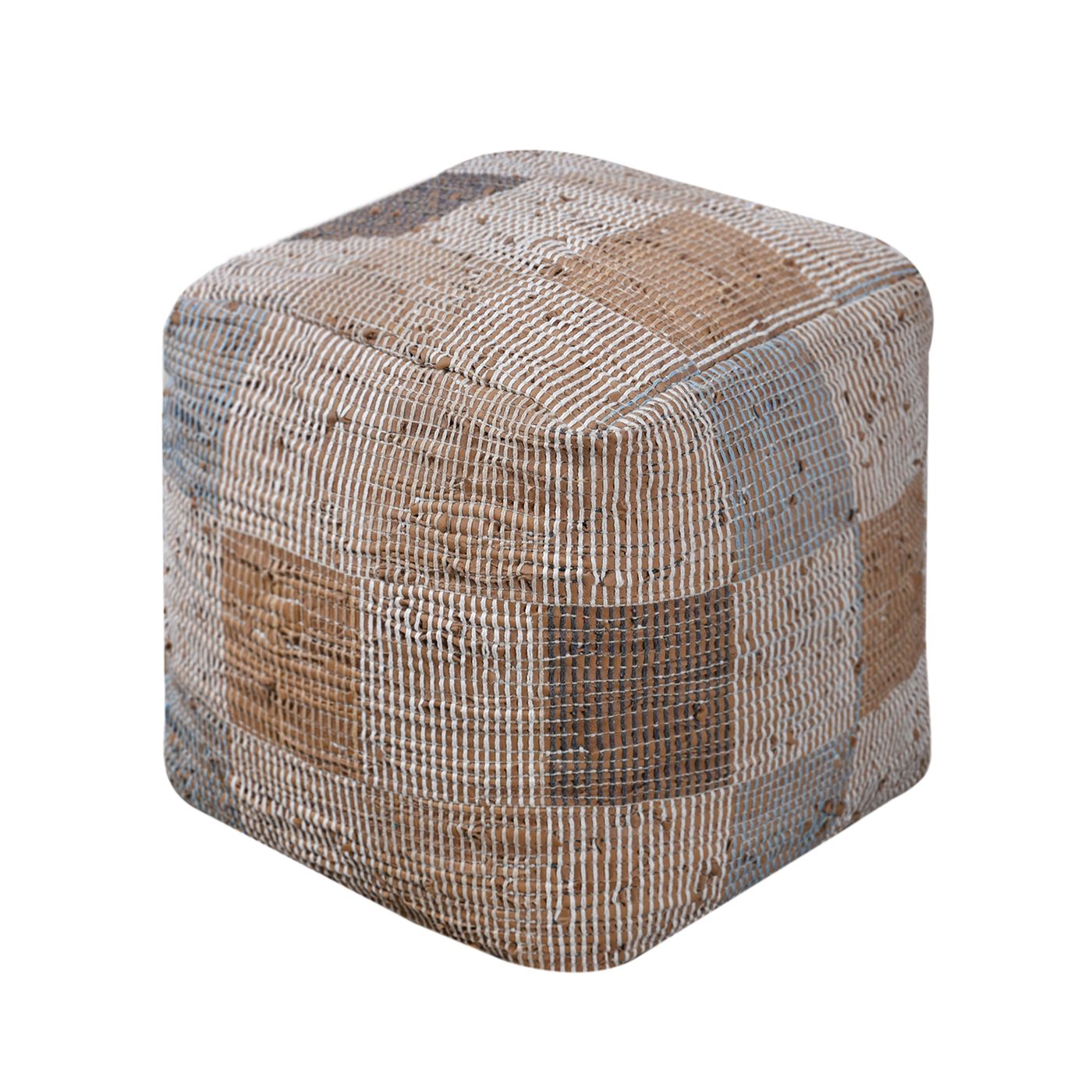 Keller Pouf, Leather, Beige, Multi, Pitloom, Flat Weave 