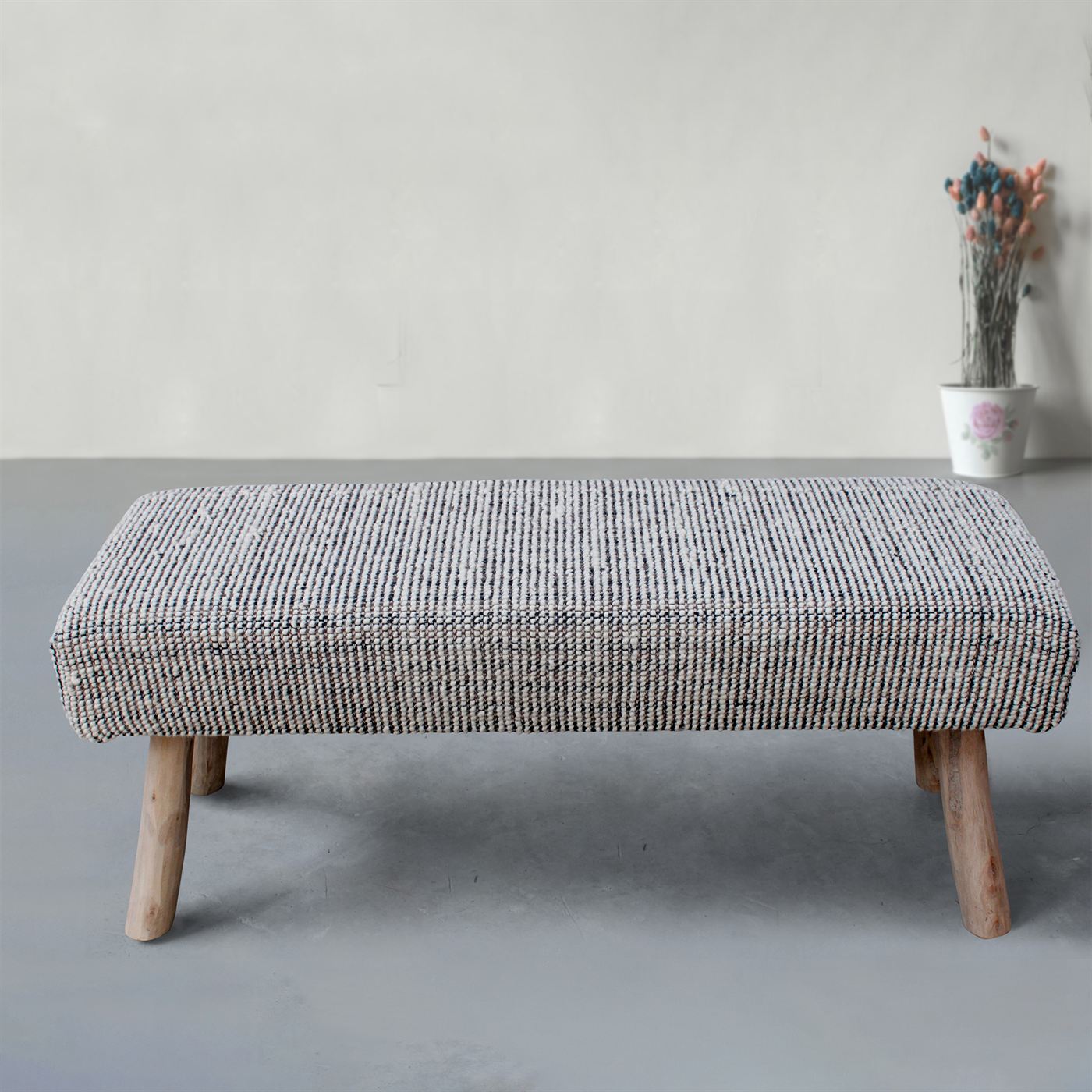 Kenfig Bench, Wool, Polyester, Natural White, Grey, Hand woven, All Loop