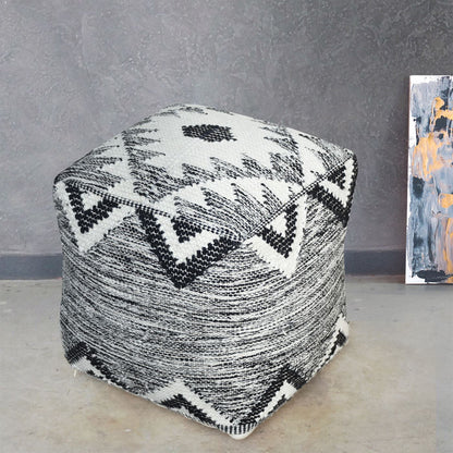 Kevina Pouf, Wool, Natural White, Charcoal, PITLOOM / FLAT WEAVE