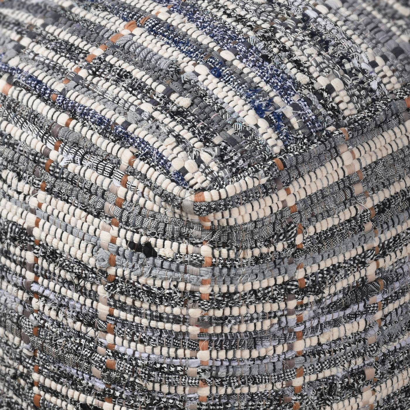 Kherson Pouf, 40x40x40 cm, Natural White, Blue, Charcoal, Cotton, Recycled Fabric, Hand Woven, Pitloom, Flat Weave