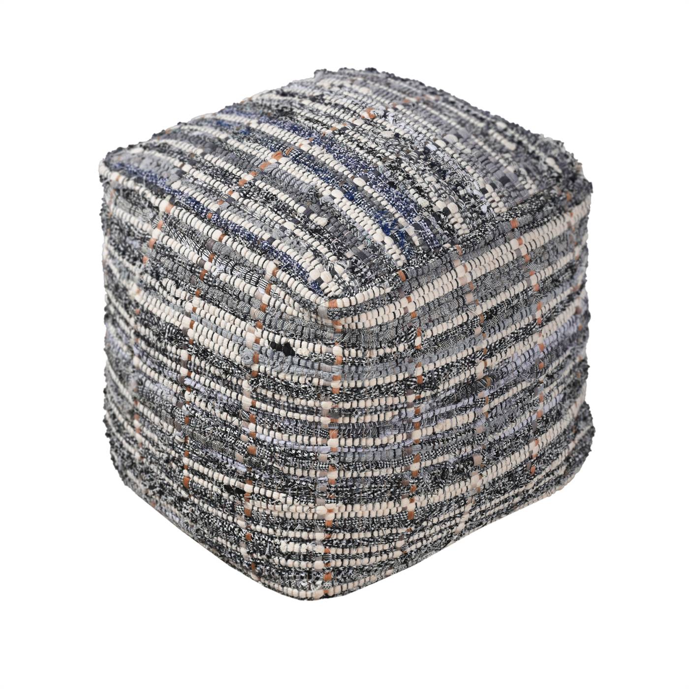 Kherson Pouf, 40x40x40 cm, Natural White, Blue, Charcoal, Cotton, Recycled Fabric, Hand Woven, Pitloom, Flat Weave
