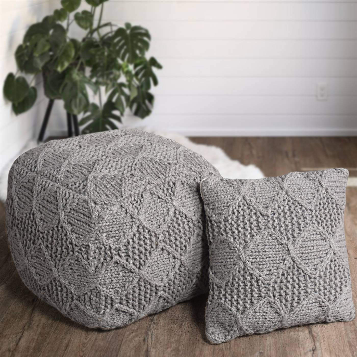 Kinzie Pouf, 40x40x40 cm, Grey, NZ Wool, Hand Knitted, Hm Knitted, Flat Weave