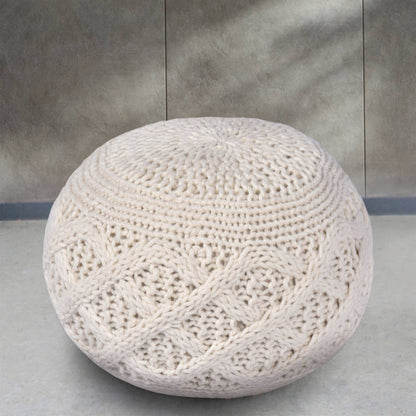 Kirwee Pouf, 50x50x35 cm, Natural White, NZ Wool, Hand Knitted, Hm Knitted, Flat Weave