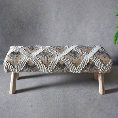 Kiryas Bench, 120x40x50 cm, Natural, Natural White, Jute, Wool, Hand Woven, Punja, Flat Weave