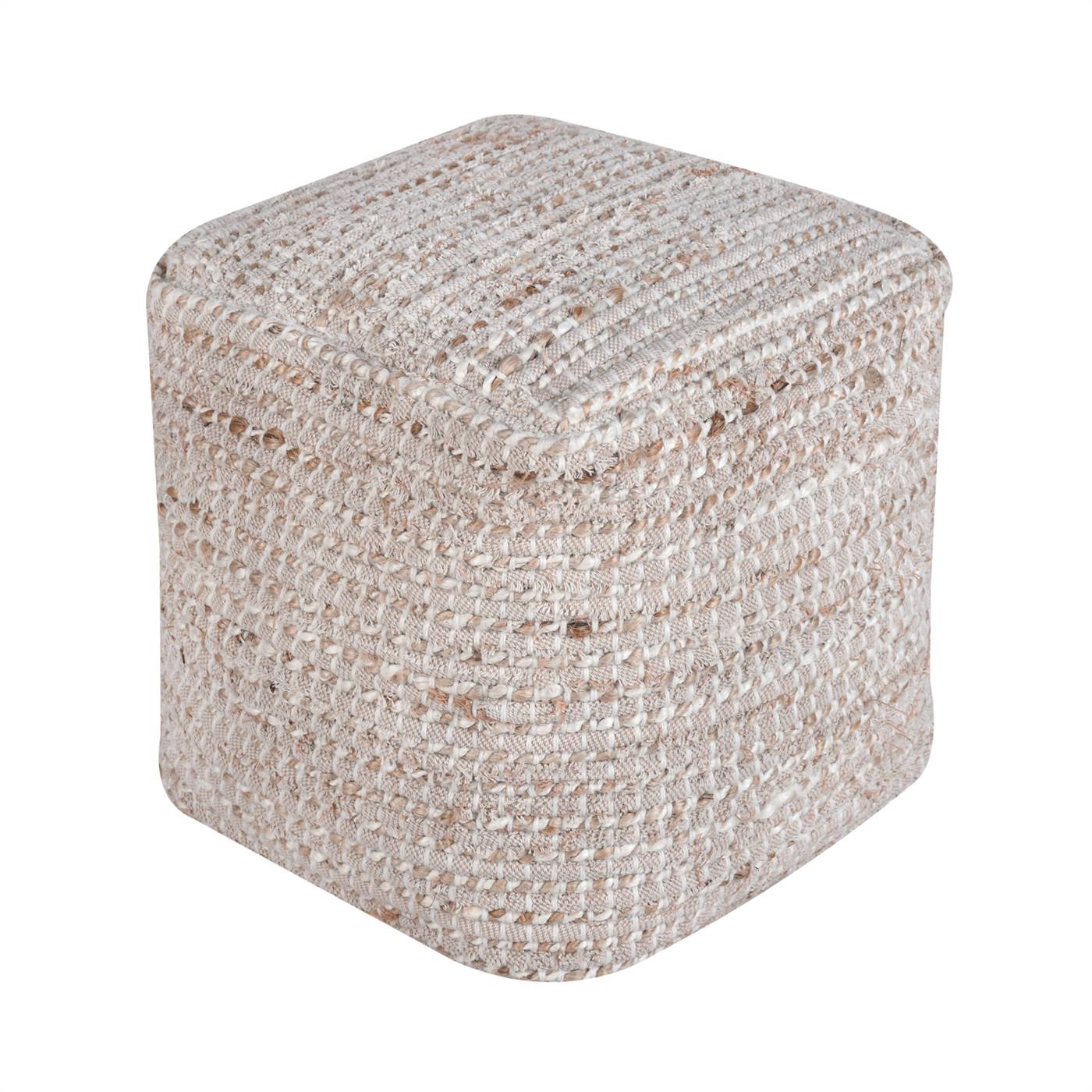 Koenig Pouf, 40x40x40 cm, Natural Natural White, Multi, Jute, Cotton, Hand Woven, Pitloom, Flat Weave