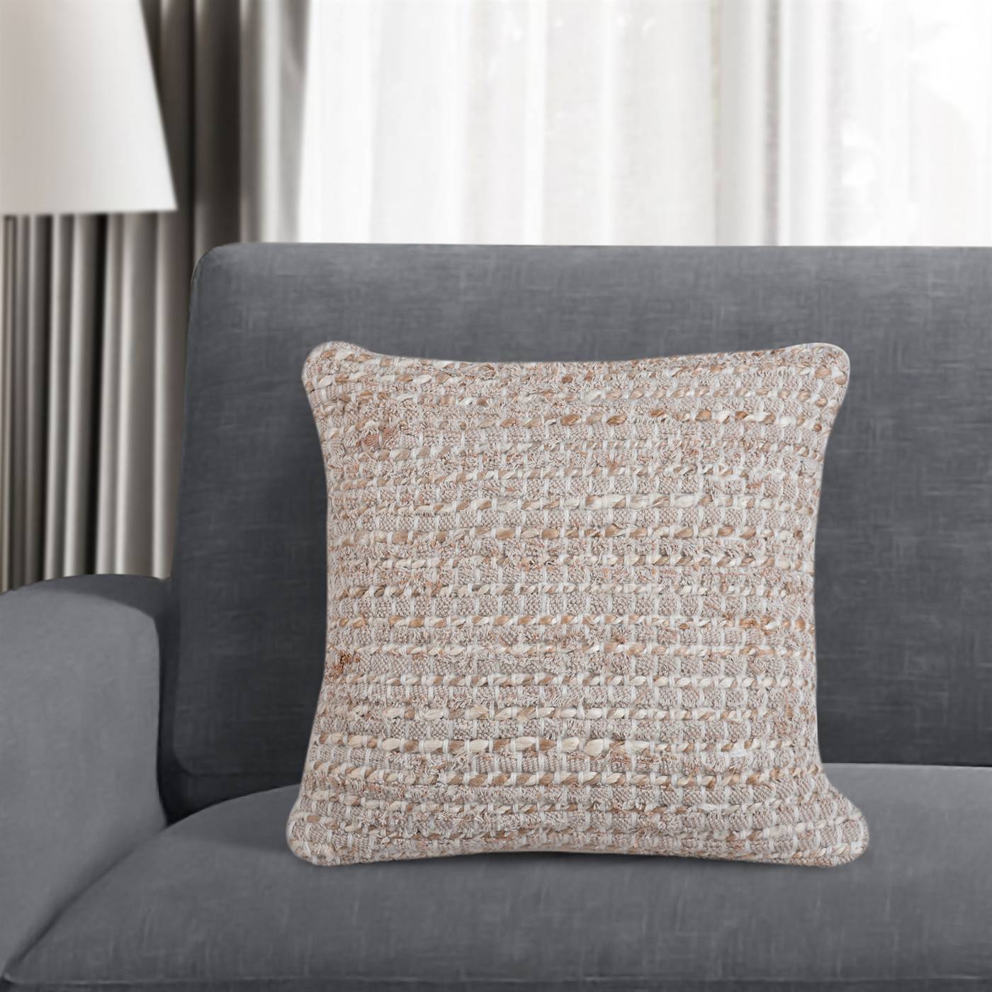 Koenig Cushion, 45x45 cm, Natural Natural White, Multi, Jute, Cotton, Hand Woven, Pitloom, Flat Weave 