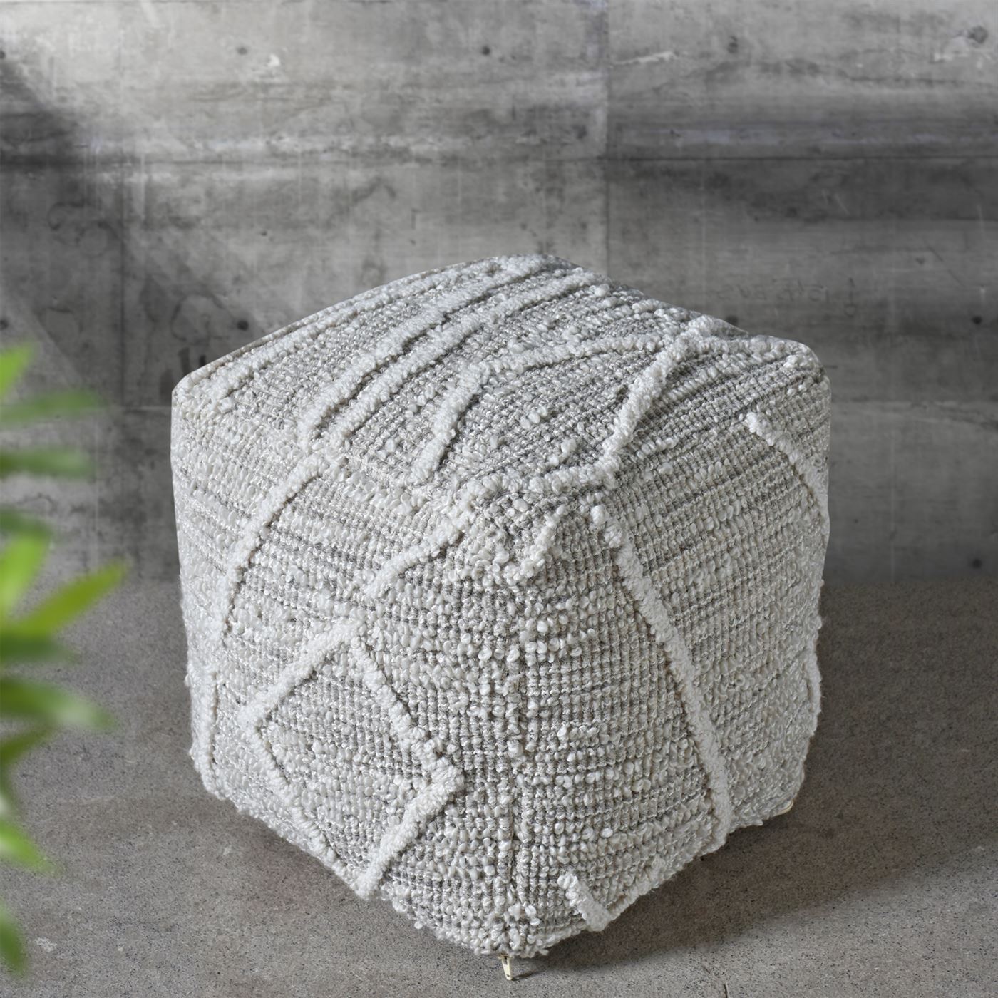 Koga Pouf, Wool, Polyester, Natural White, Grey, Hand woven, All Loop 