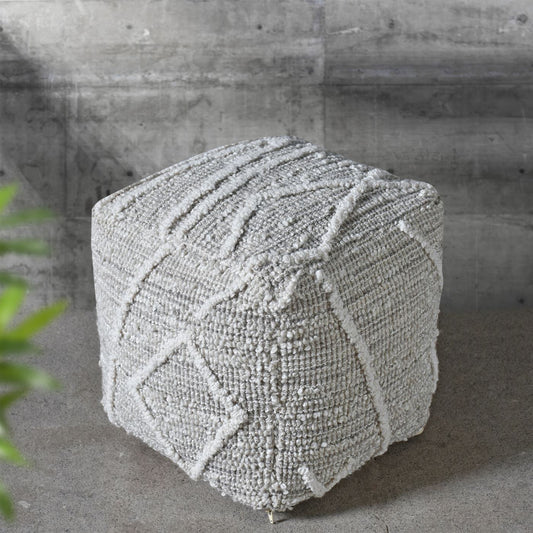 Koga Pouf, Wool, Polyester, Natural White, Grey, Hand woven, All Loop 