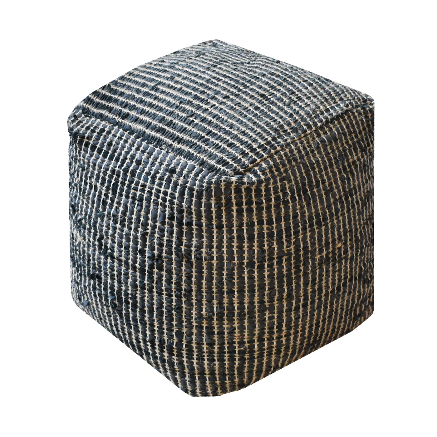 Konya Pouf, Leather, Hemp, Charcoal, Pitloom, Flat Weave 