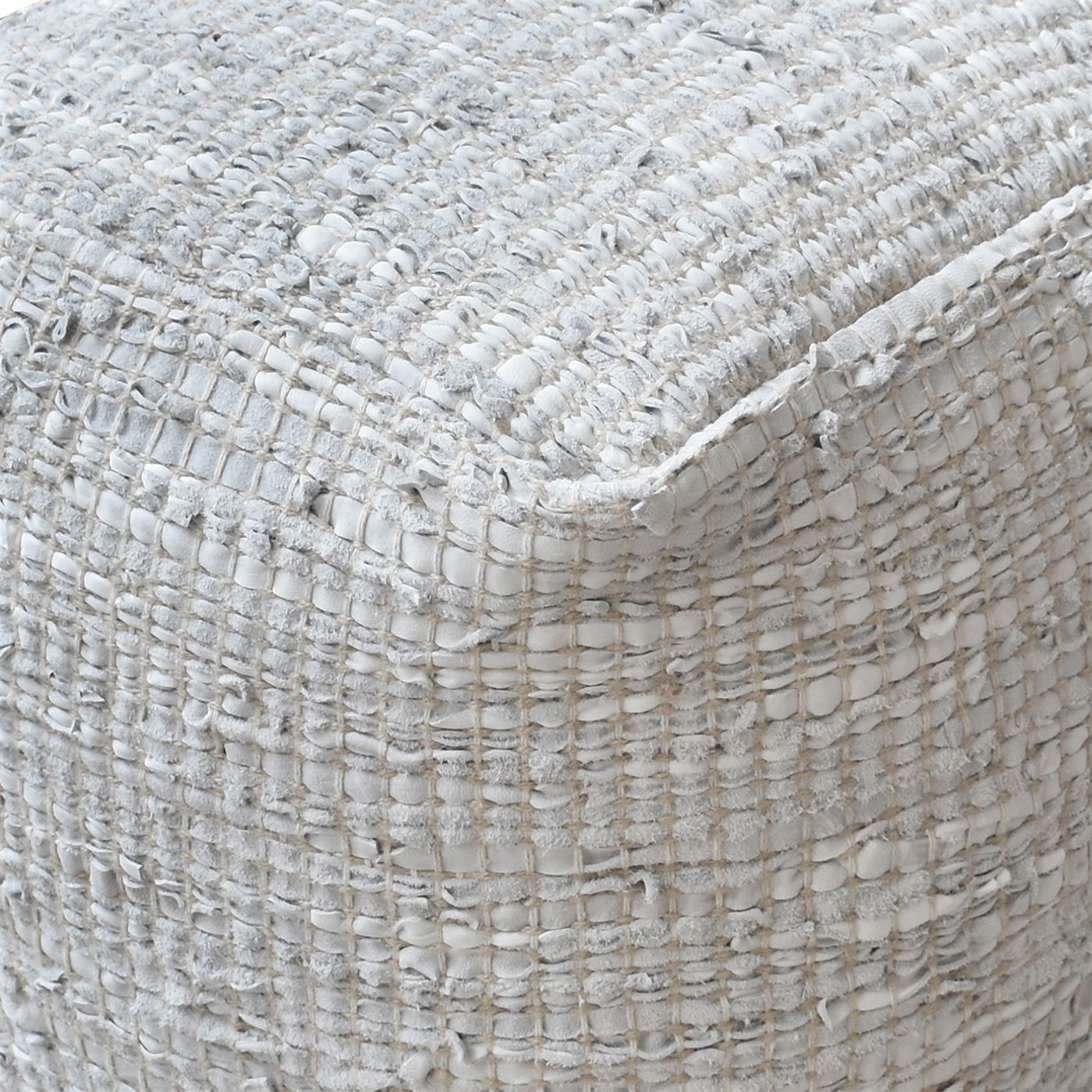 Konya Pouf, Leather, Hemp, Natural White, Pitloom, Flat Weave 