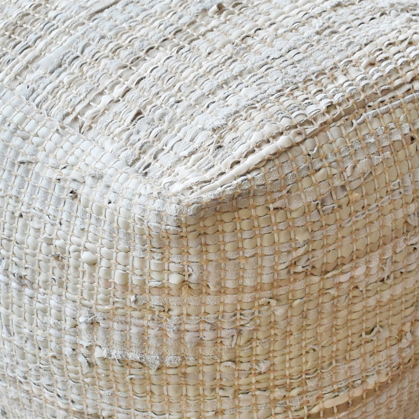 Konya Pouf, Leather, Hemp, Beige, Pitloom, Flat Weave 