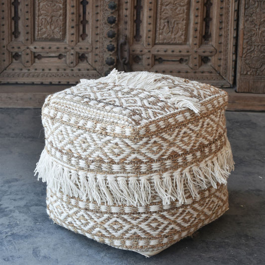 Korvel Pouf, Hemp, Wool, Natural White, Natural, PITLOOM / ALL LOOP