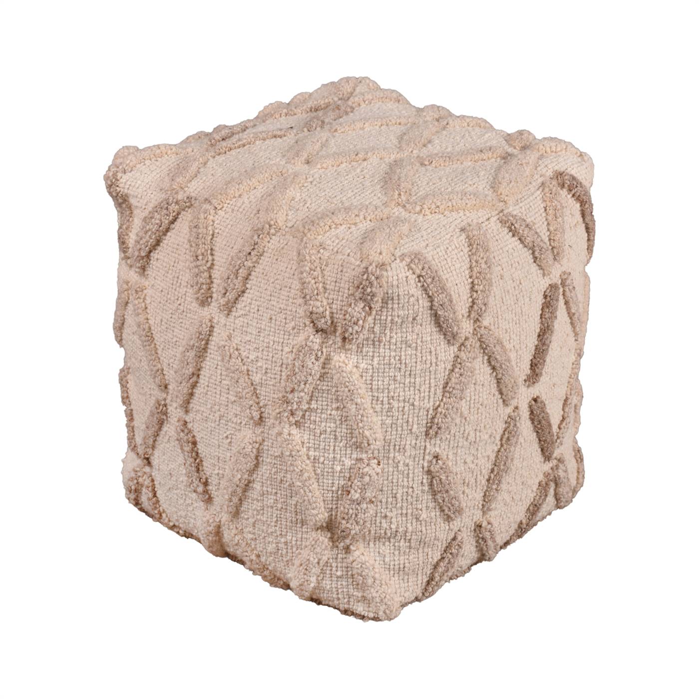 Koven Pouf, 40x40x40 cm, Natural White, Wool, Hand Woven, Over Tufted, Handwoven, All Loop