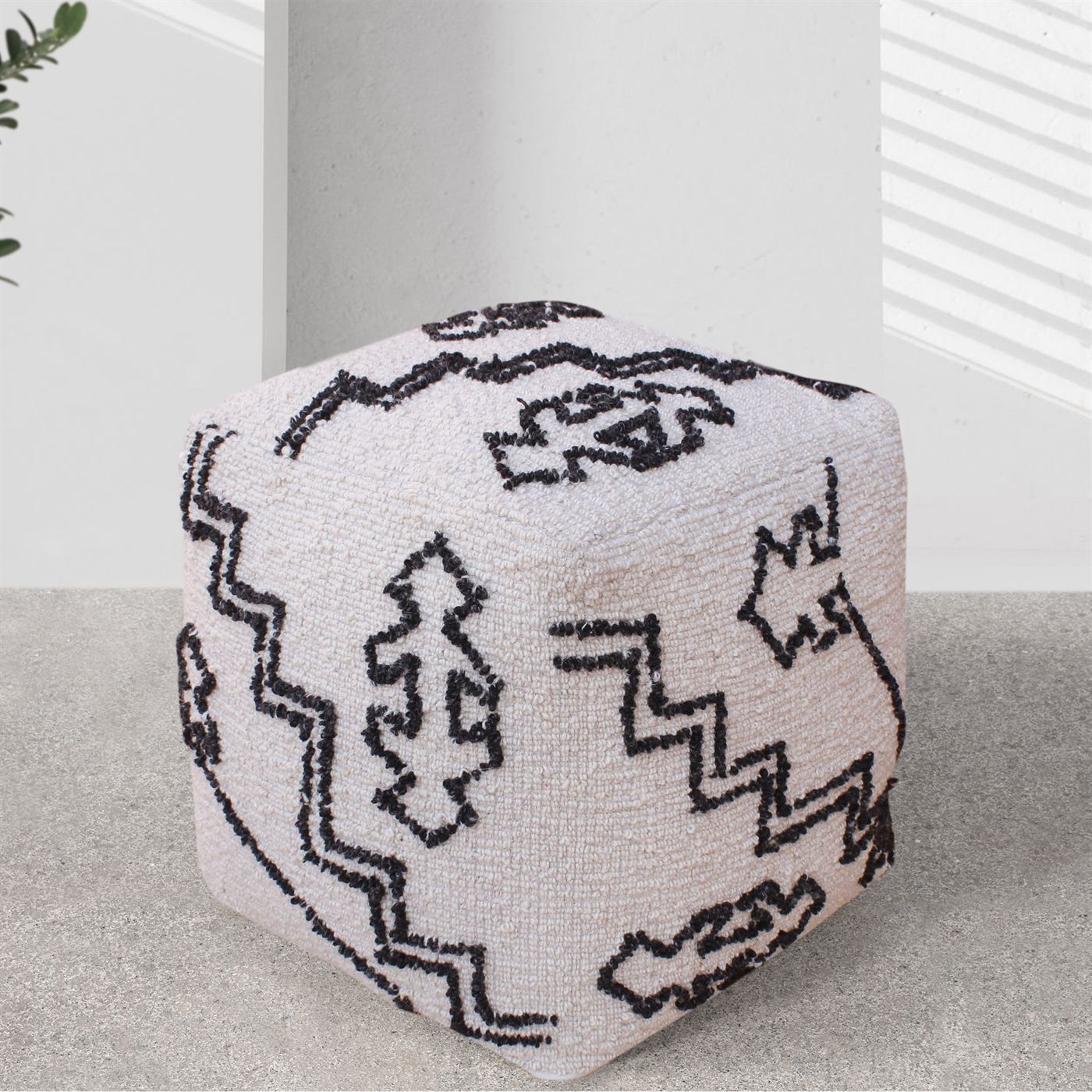 Kromid Pouf, Wool, Natural White, Charcoal, Hand woven, All Loop