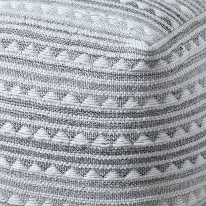 Kruzan Pouf, 40x40x40 cm, Natural White, Grey, Wool, Hand Woven, Pitloom, Flat Weave