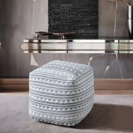 Kruzan Pouf, 40x40x40 cm, Natural White, Grey, Wool, Hand Woven, Pitloom, Flat Weave