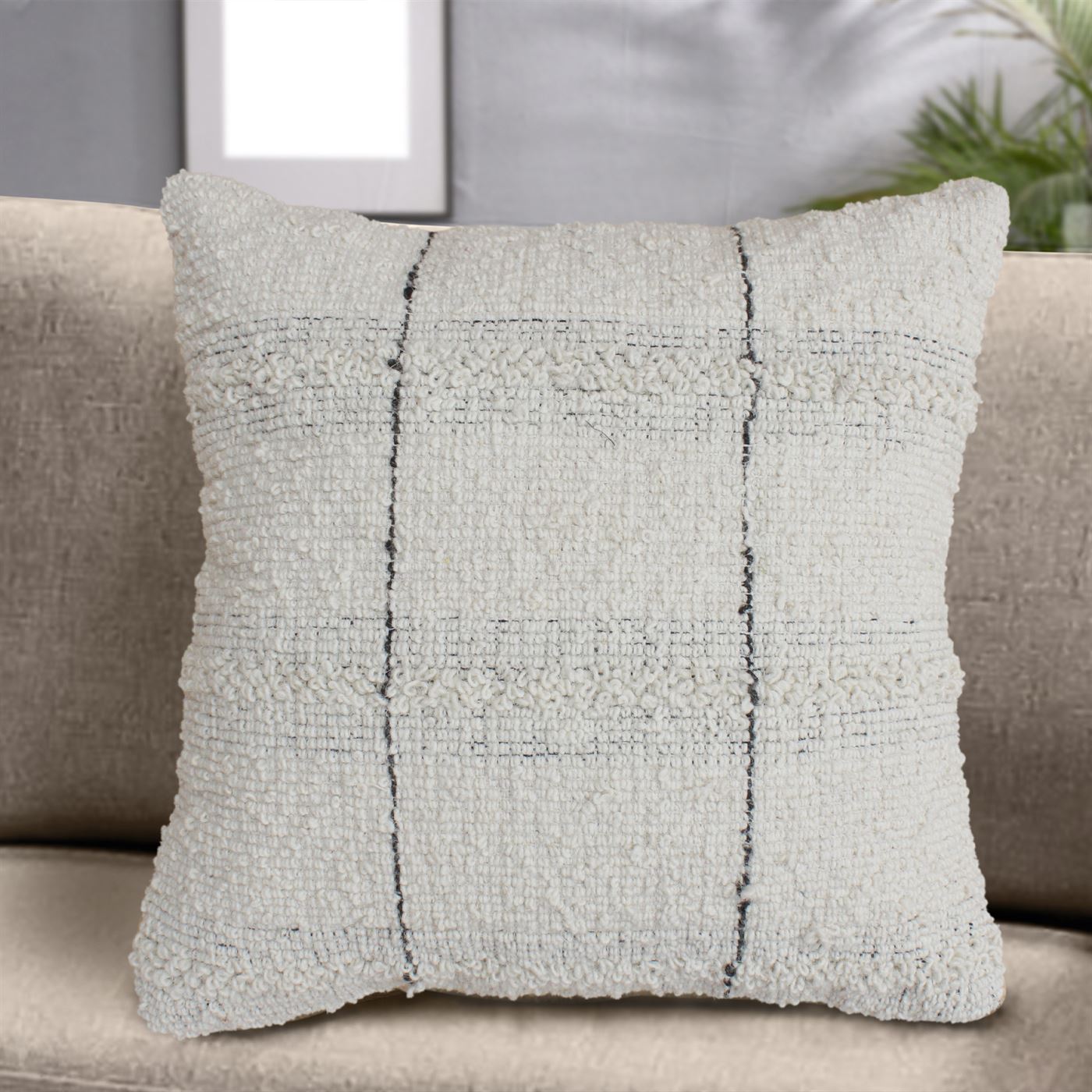 Kulata Cushion, Wool, Natural White, Charcoal, Hand Woven, All Loop