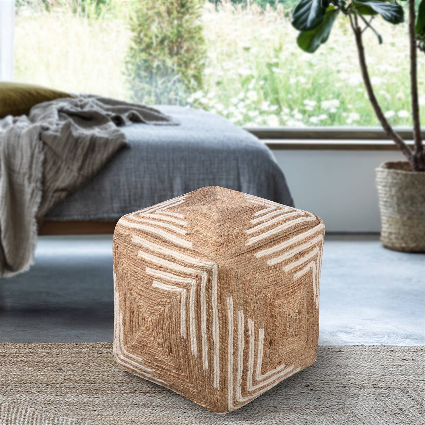 Kylie Pouf, 40x40x40 cm, Natural, Natural White, Jute, Wool, Hand Made, Hm Stitching, Flat Weave
