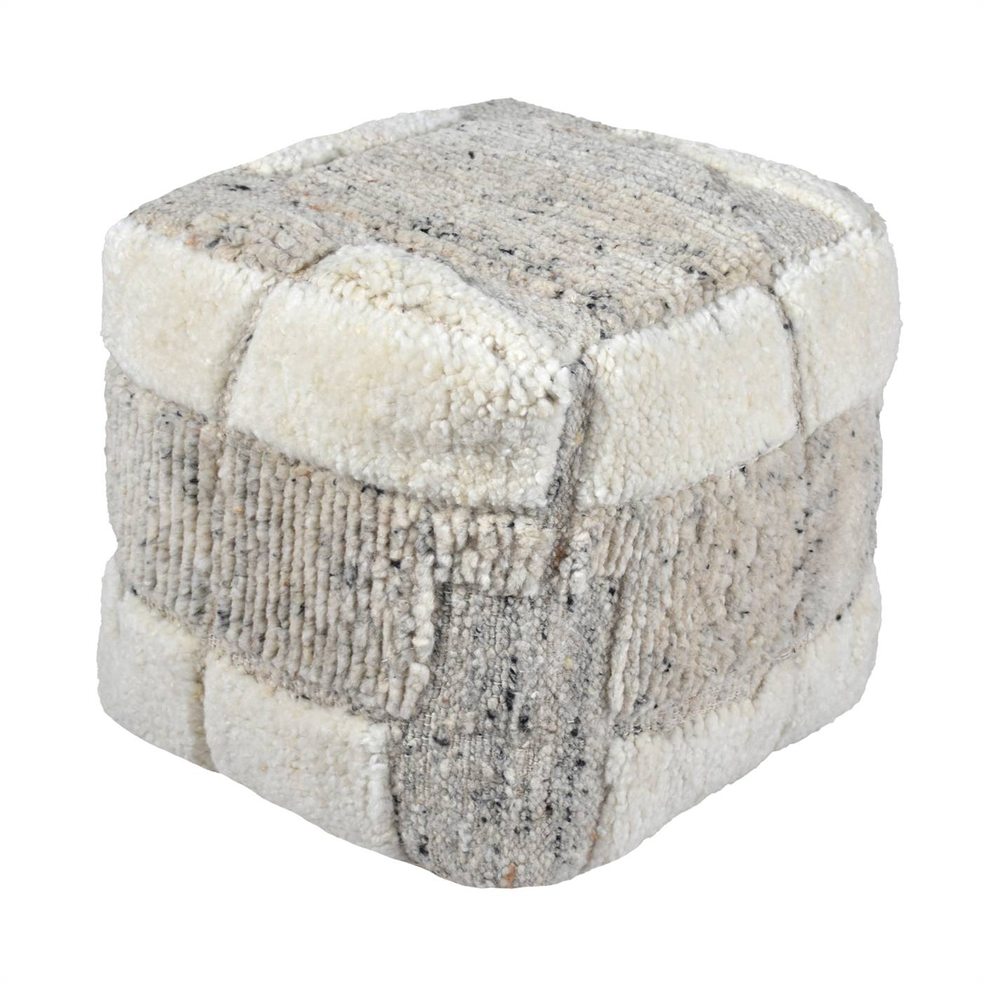 Larimer Pouf, 40x40x40 cm, Natural White, Grey, NZ Wool, Hand Knotted, Handknotted, All Cut