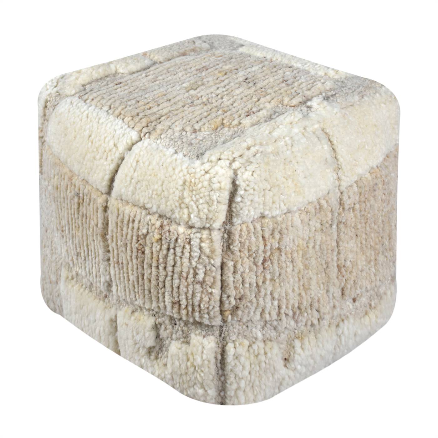 Larimer-II Pouf, 40x40x40 cm, Natural White, Beige, Wool, Hand Knotted, Handknotted, All Cut