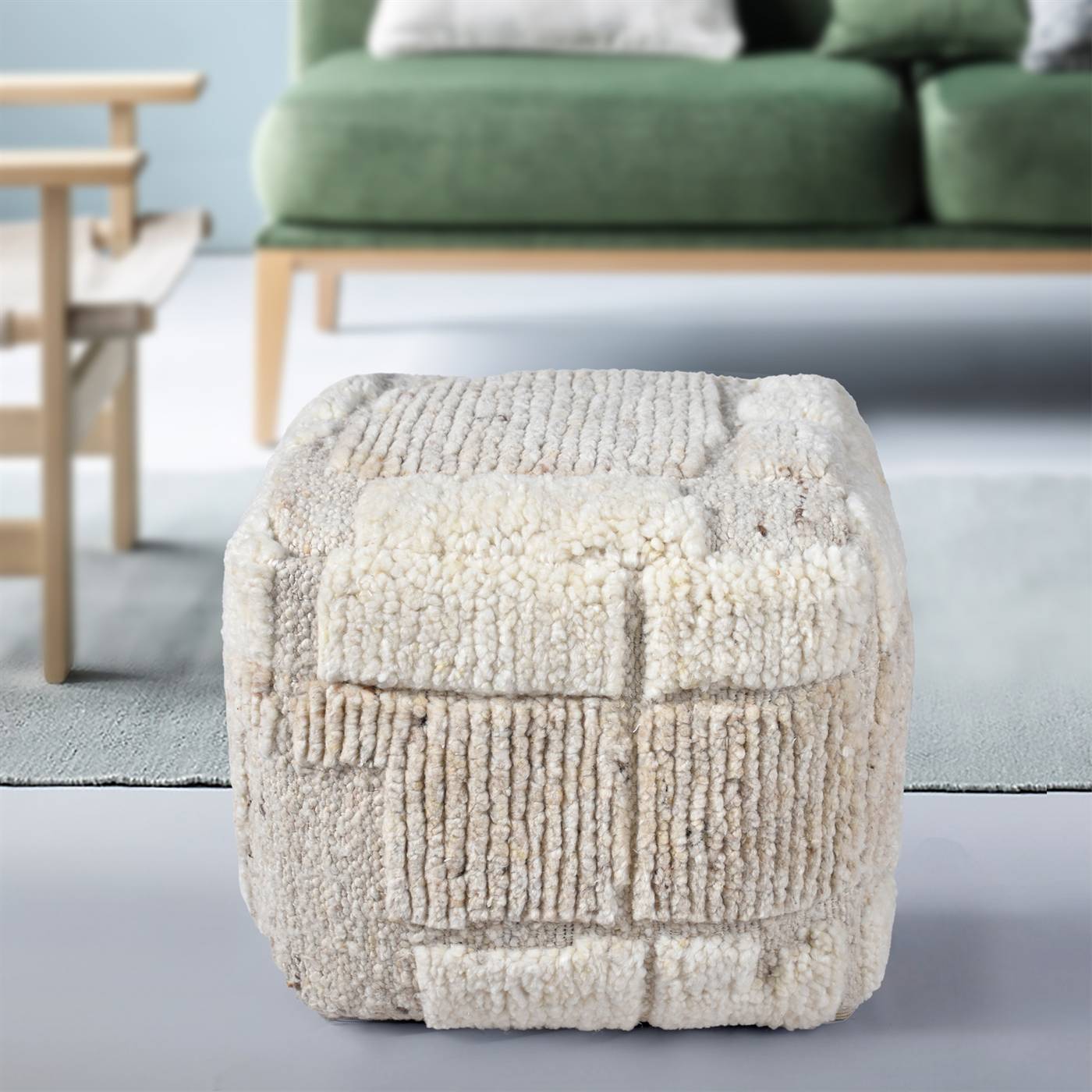 Larimer-II Pouf, 40x40x40 cm, Natural White, Beige, Wool, Hand Knotted, Handknotted, All Cut