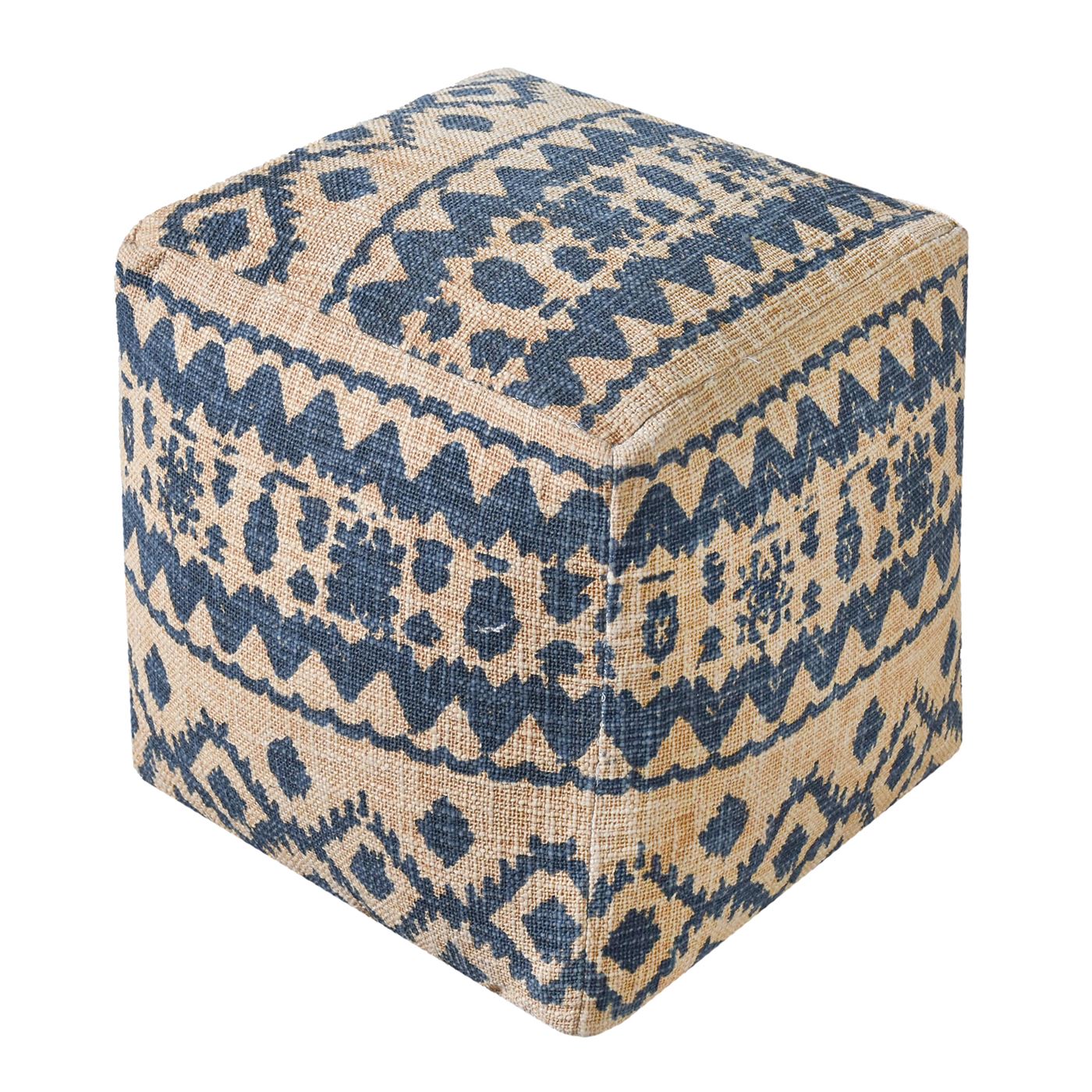Laurent Pouf, Cotton, Printed, Beige,Blue, Hand woven, Flat Weave 
