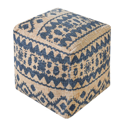 Laurent Pouf, Cotton, Printed, Beige,Blue, Hand woven, Flat Weave 
