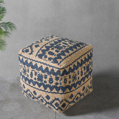 Laurent Pouf, Cotton, Printed, Beige,Blue, Hand woven, Flat Weave 