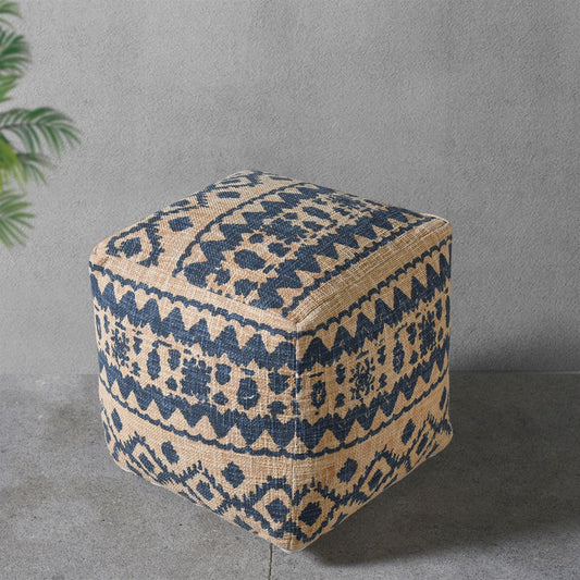 Laurent Pouf, Cotton, Printed, Beige,Blue, Hand woven, Flat Weave 