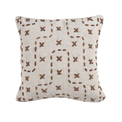 Leamington Cushion, 45x45 cm, Natural White, Brown, Wool, Leather, Hand Made, Hm Stitching, Flat Weave