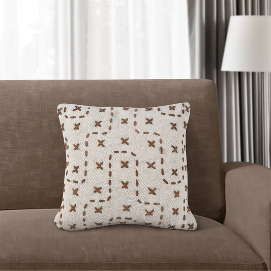 Leamington Cushion, 45x45 cm, Natural White, Brown, Wool, Leather, Hand Made, Hm Stitching, Flat Weave