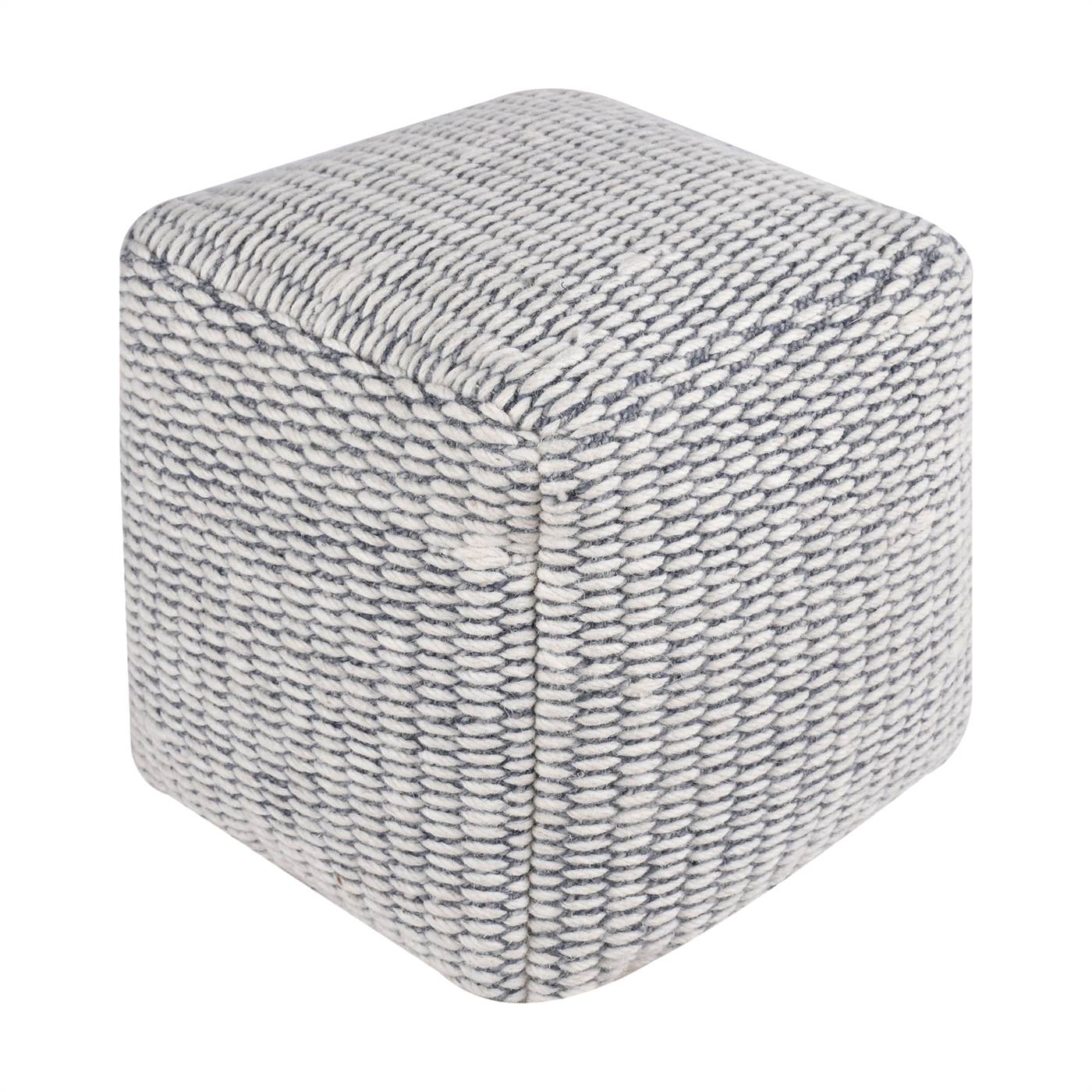 Leclaire Pouf, 40x40x40 cm, Natural White, Grey, Wool, Hand Woven, Pitloom, Flat Weave