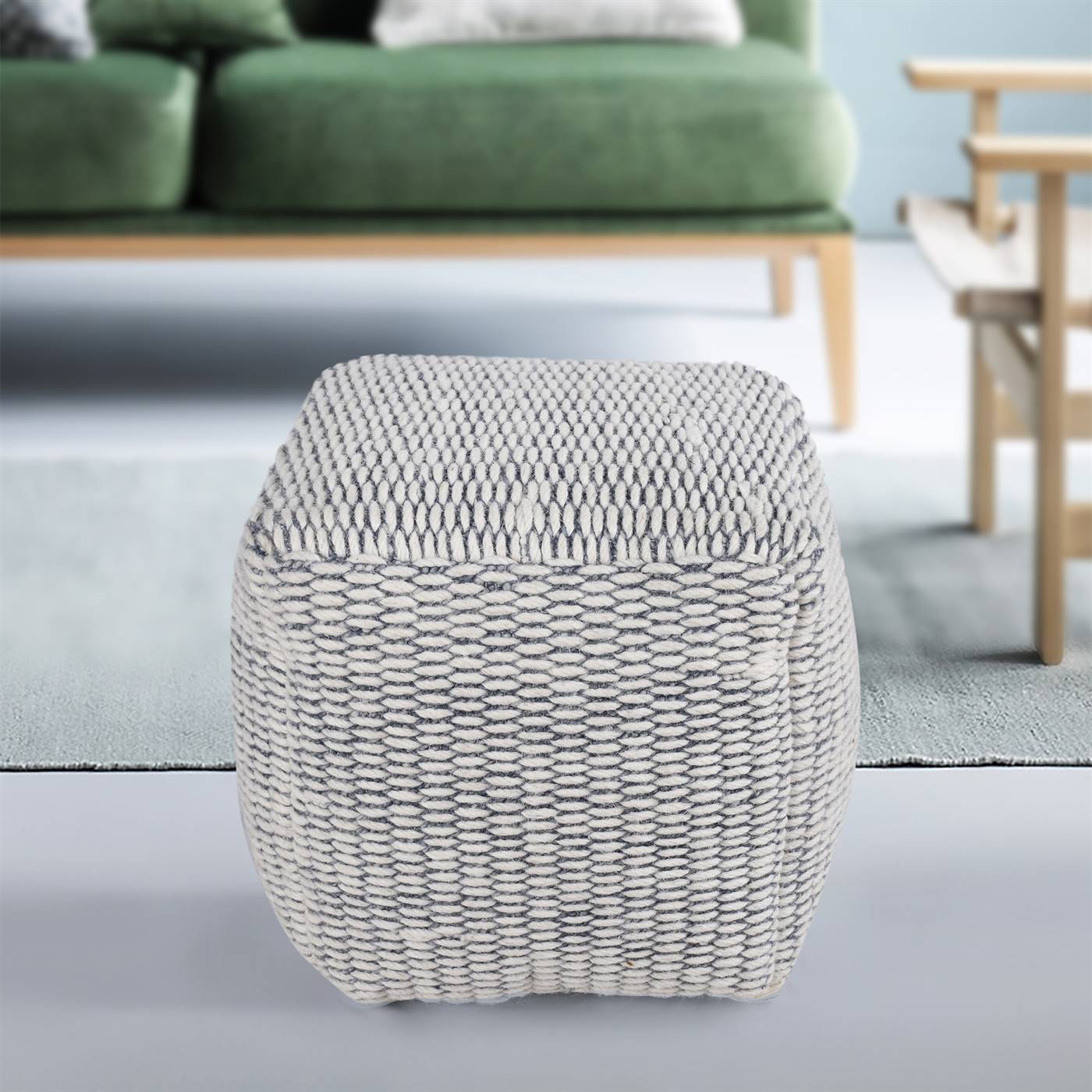 Leclaire Pouf, 40x40x40 cm, Natural White, Grey, Wool, Hand Woven, Pitloom, Flat Weave