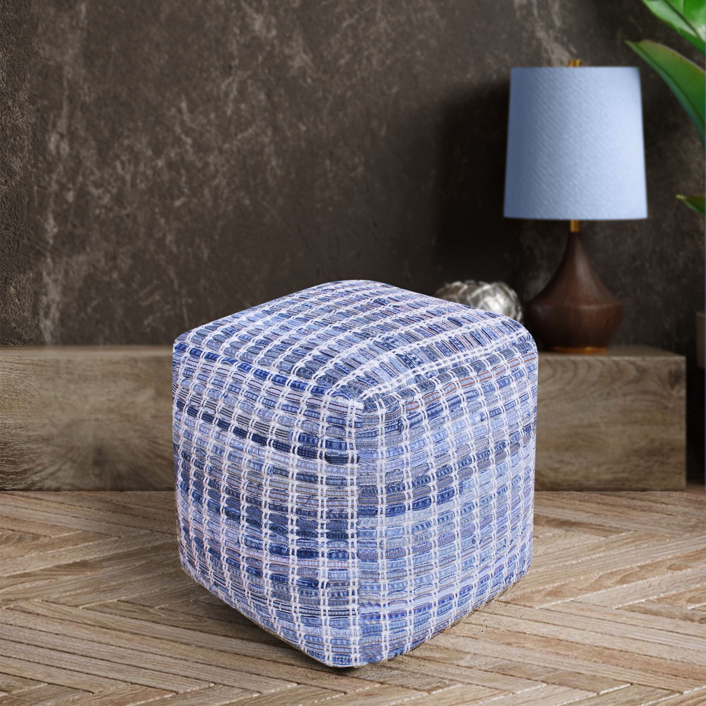 Lehovo Pouf, Denim, Wool, Blue, Pitloom, Flat Weave 