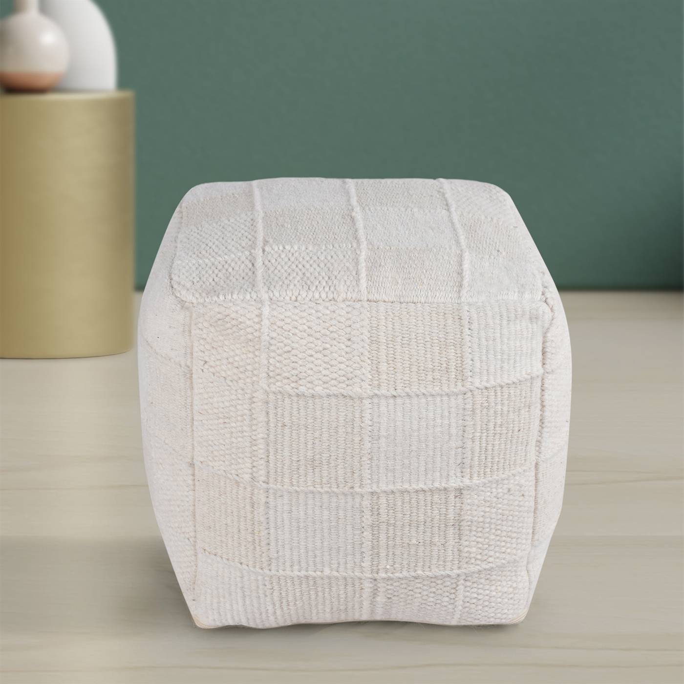 Lemont Pouf, 40x40x40 cm, Natural White, Wool, Hand Woven, Pitloom, Flat Weave