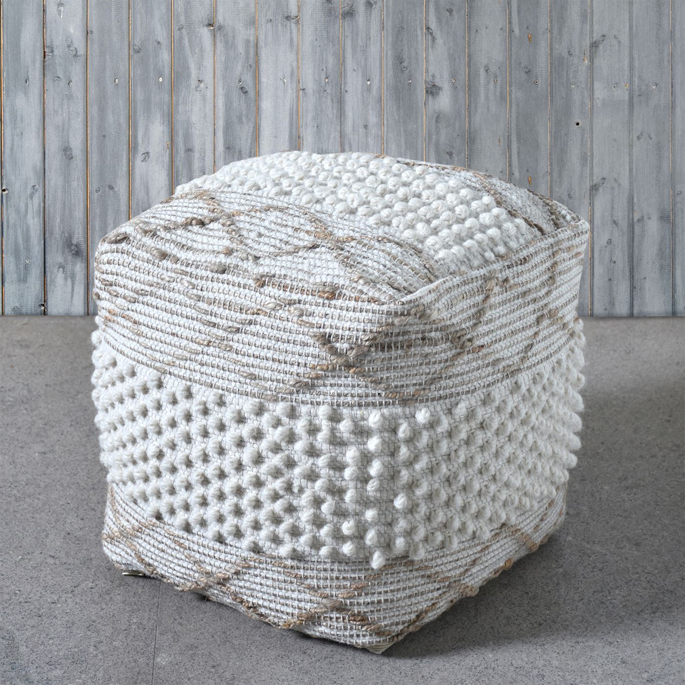 Lenox Pouf, Wool, Hemp, Natural White, Pitloom, All Loop 