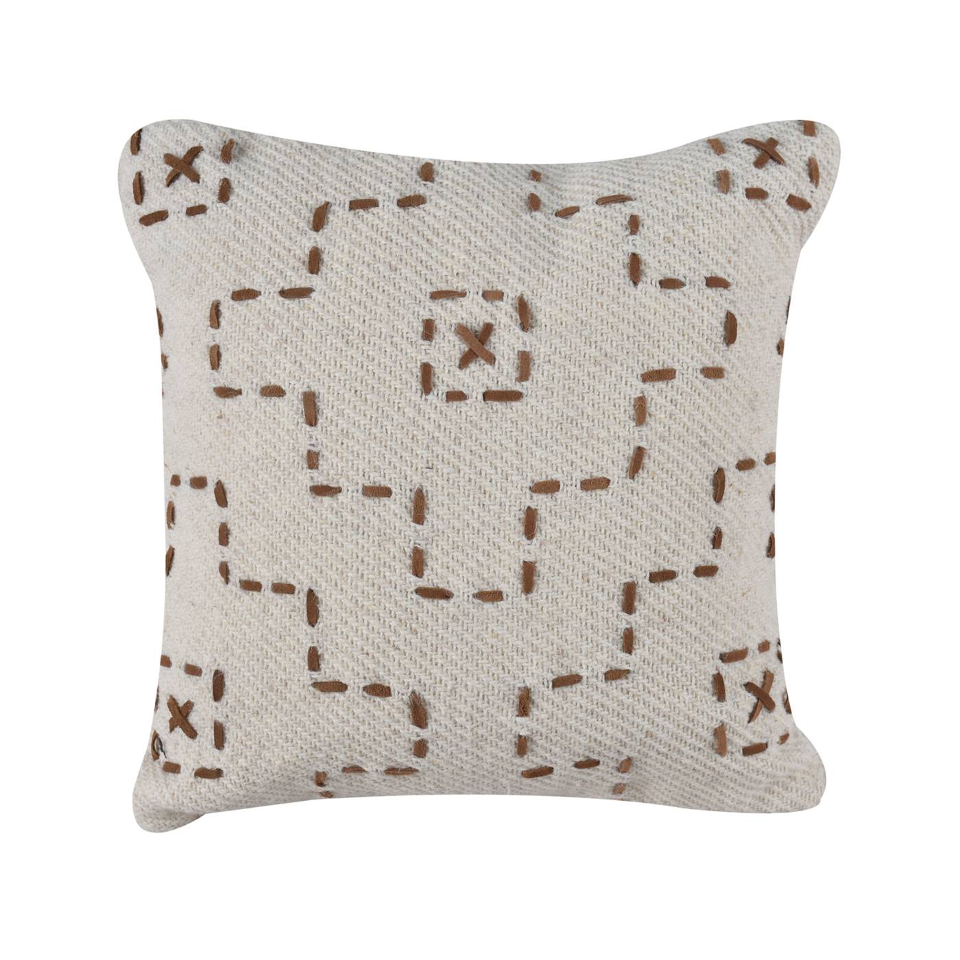 Leona Cushion, 45x45 cm, Natural White, Brown, Wool, Leather, Hand Made, Hm Stitching, Flat Weave