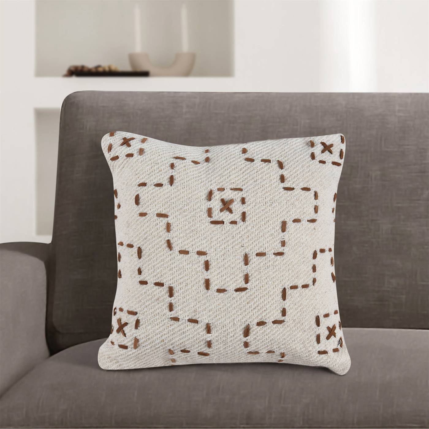 Leona Cushion, 45x45 cm, Natural White, Brown, Wool, Leather, Hand Made, Hm Stitching, Flat Weave
