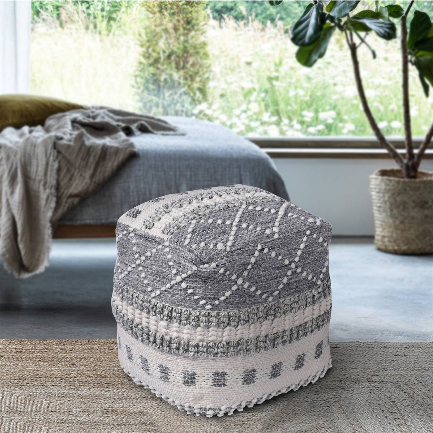 Lepsi Pouf, 40x40x40 cm, Natural White, Grey, PET, Hand Woven, Pitloom, All Loop