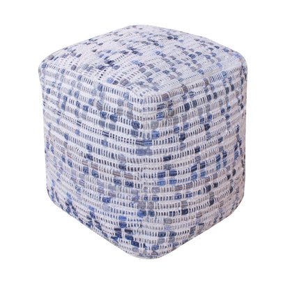 Leshko Pouf, Denim, Wool, Natural White, Blue, Pitloom, Flat Weave 