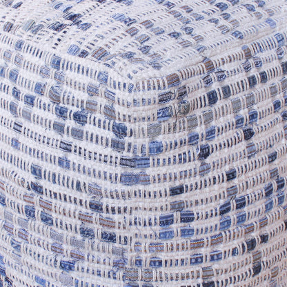 Leshko Pouf, Denim, Wool, Natural White, Blue, Pitloom, Flat Weave 