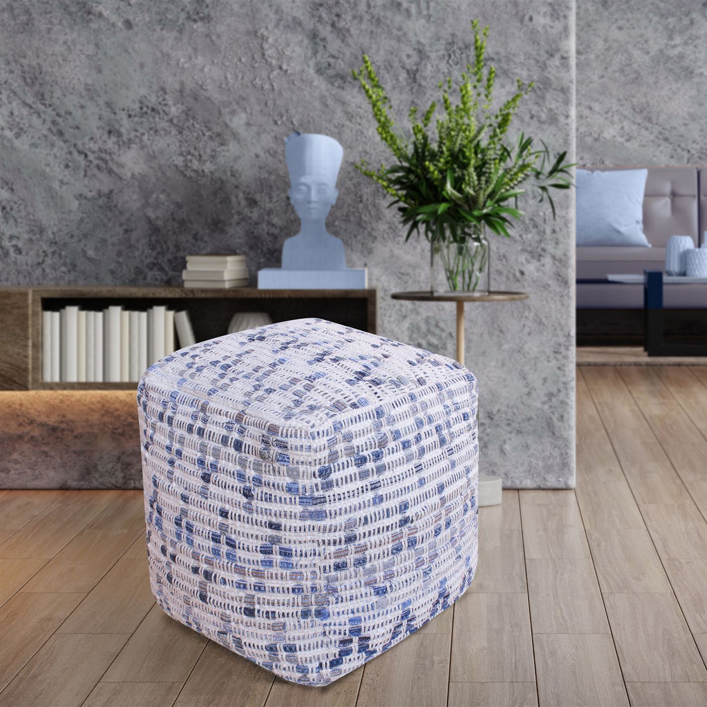 Leshko Pouf, Denim, Wool, Natural White, Blue, Pitloom, Flat Weave 