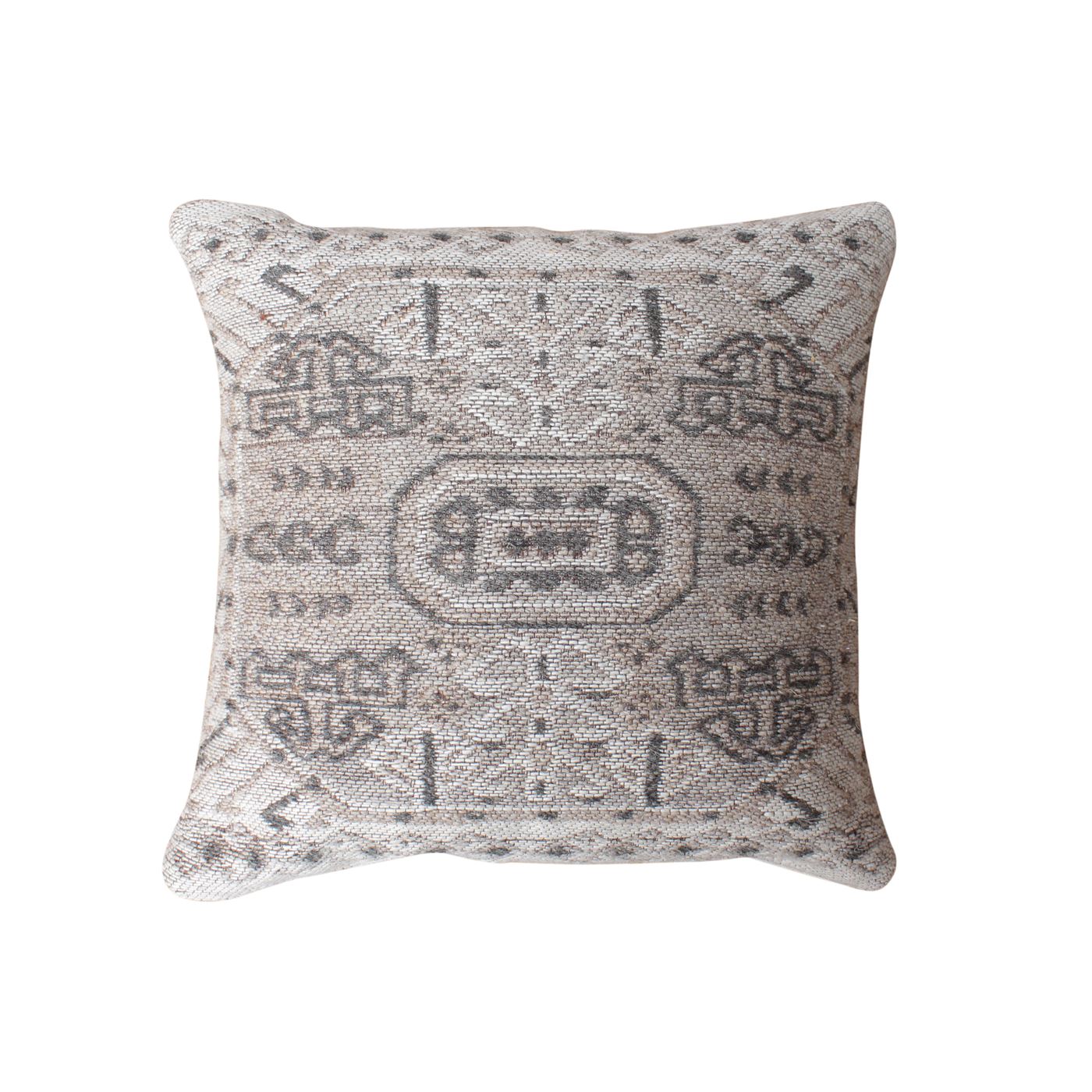 Leshten-Ii Cushion, Wool Polyester Blend, Natural White, Beige, Charcoal, Jaquard Durry, Flat Weave