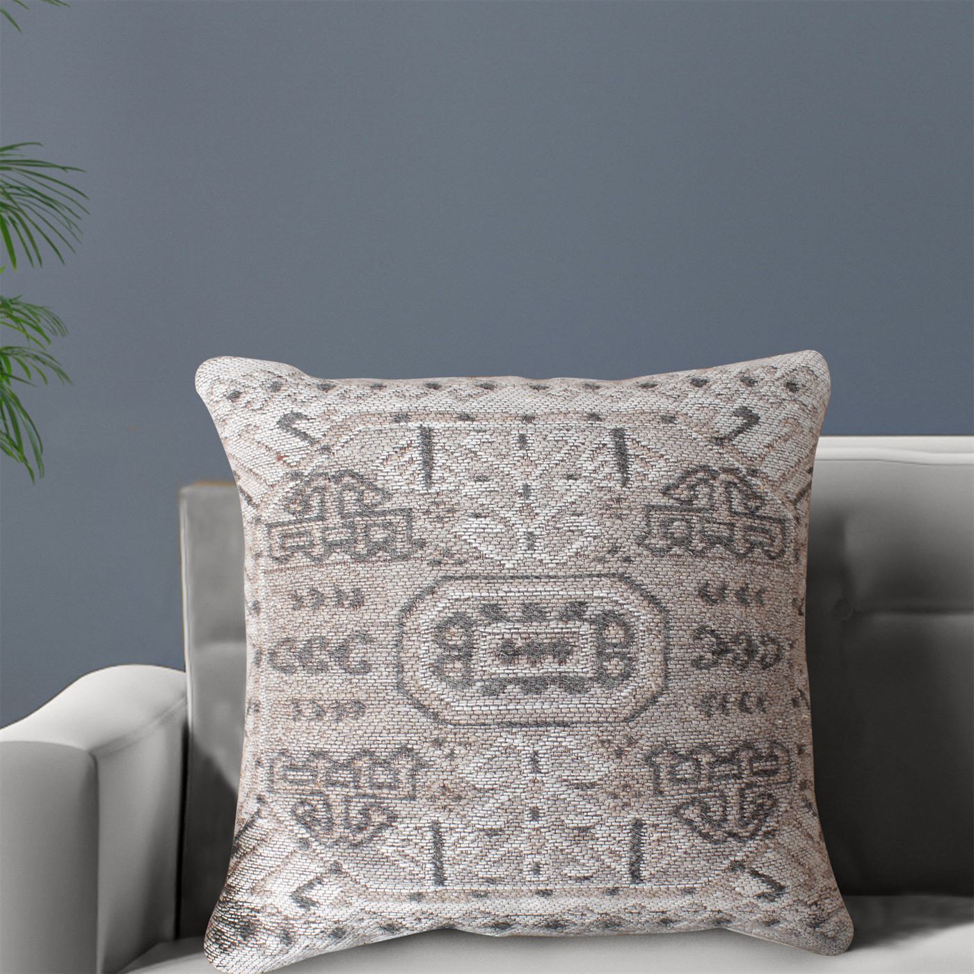 Leshten-Ii Cushion, Wool Polyester Blend, Natural White, Beige, Charcoal, Jaquard Durry, Flat Weave