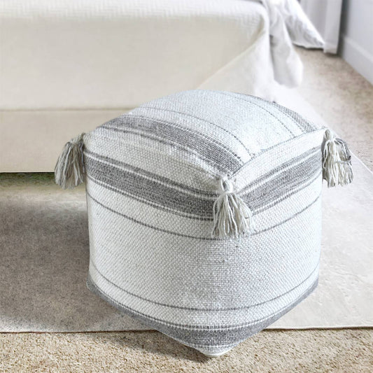 Leyton Pouf, 40x40x40 cm, Natural White, Grey, Wool, Hand Woven, Pitloom, Flat Weave 