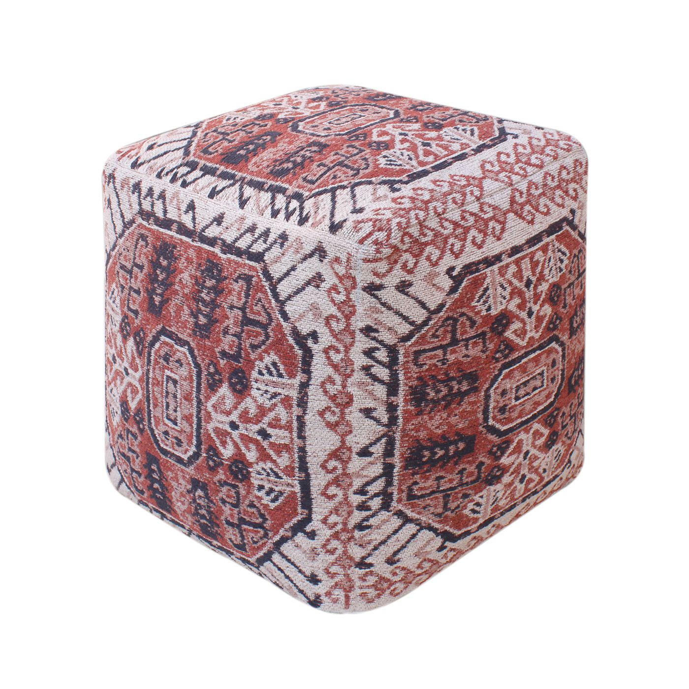 Ligovo-II Pouf, Cotton, Polyester, Natural White, Multi, Jaquard Durry, Flat Weave 