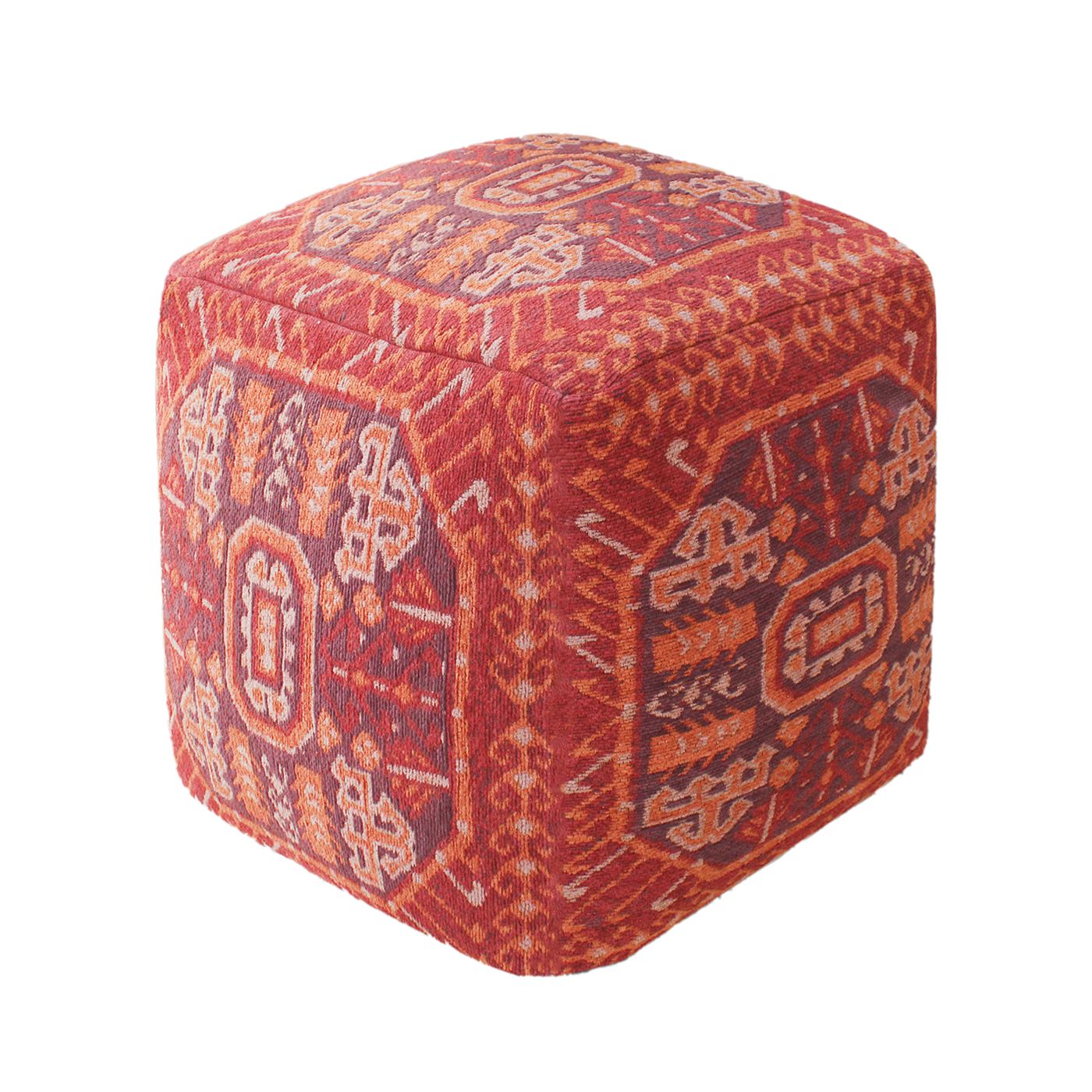 Ligovo Pouf, Cotton, Polyester, Rust, Multi, Jaquard Durry, Flat Weave 