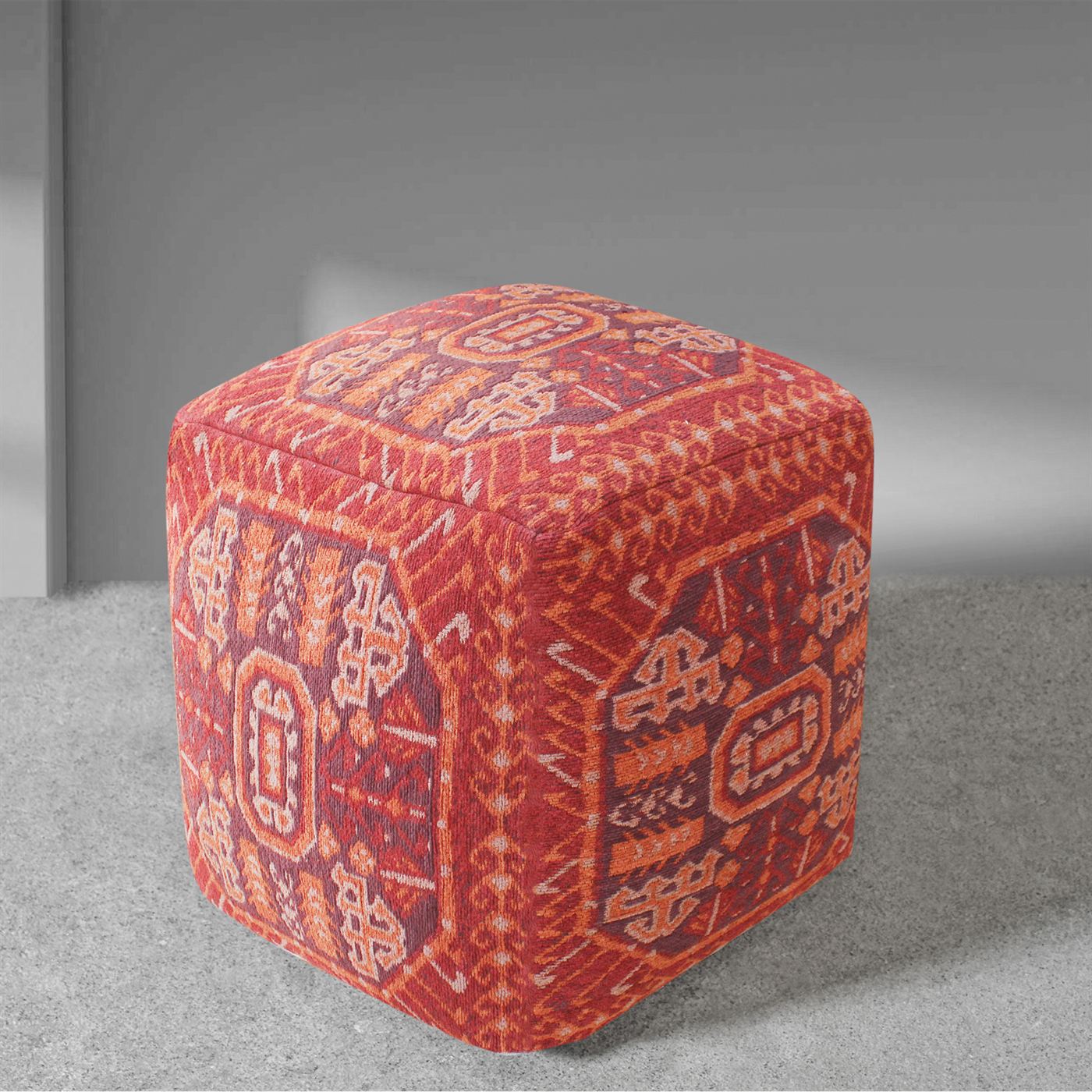 Ligovo Pouf, Cotton, Polyester, Rust, Multi, Jaquard Durry, Flat Weave 