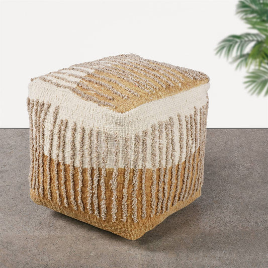 Lilah Pouf, 40x40x40 cm, Natural White, Gold, Wool, Hand Woven, Printed, Handwoven, All Loop