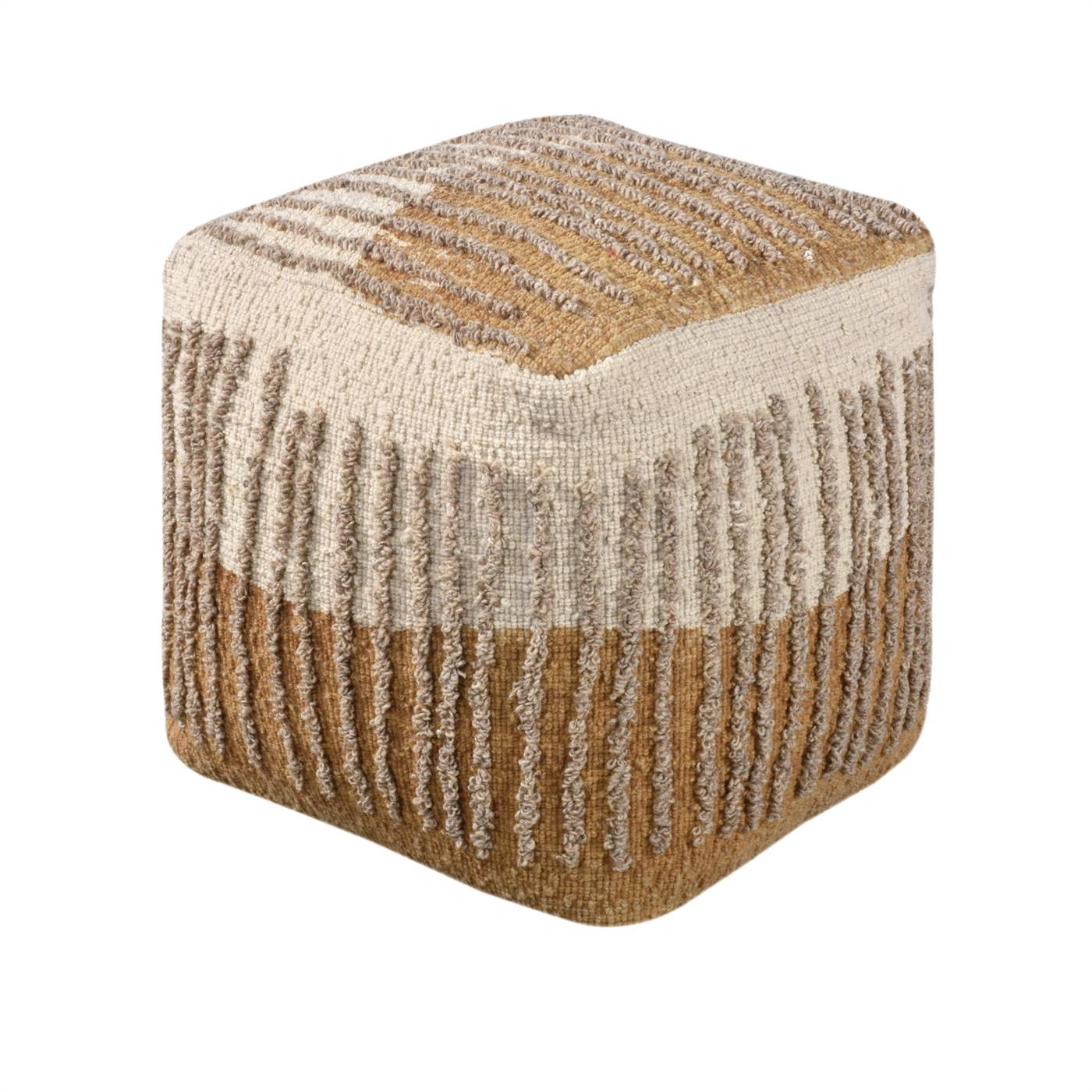 Lilah Pouf, 40x40x40 cm, Natural White, Gold, Wool, Hand Woven, Printed, Handwoven, All Loop